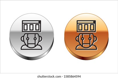 Black line Robot icon isolated on white background. Silver-gold circle button. Vector Illustration