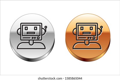 Black line Robot icon isolated on white background. Silver-gold circle button. Vector Illustration
