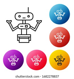 Schwarze Linie Robot Symbol einzeln auf weißem Hintergrund. Stellen Sie die Symbole bunter Kreis-Schaltflächen ein. Vektorillustration-Illustration