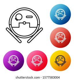 Black line Robot vacuum cleaner icon on white background. Home smart appliance for automatic vacuuming, digital device for house cleaning. Set icons colorful circle buttons. Vector Illustration
