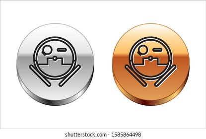 Black line Robot vacuum cleaner icon isolated on white background. Home smart appliance for automatic vacuuming, digital device for house cleaning. Silver-gold circle button. Vector Illustration