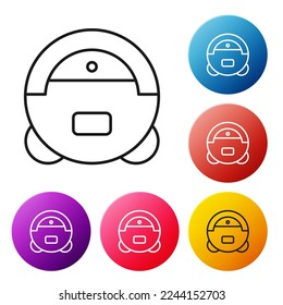 Black line Robot vacuum cleaner icon isolated on white background. Home smart appliance for automatic vacuuming, digital device for house cleaning. Set icons colorful circle buttons. Vector