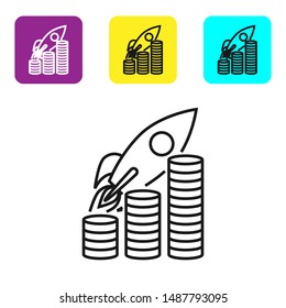 Black line Rocket flying up on coins growth chart icon isolated on white background. Graph that shows increase in sales. Set icons colorful square buttons. Vector Illustration