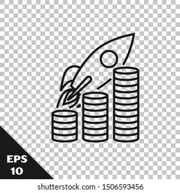 Black line Rocket flying up on coins growth chart icon isolated on transparent background. Graph that shows increase in sales.  Vector Illustration