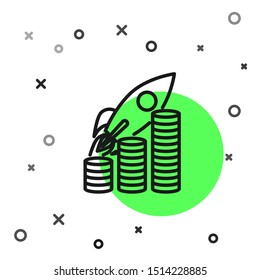 Black line Rocket flying up on coins growth chart icon isolated on white background. Graph that shows increase in sales.  Vector Illustration
