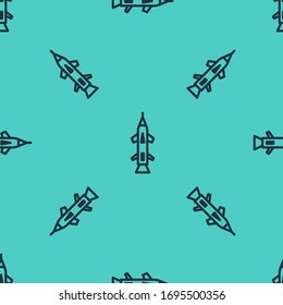 Black line Rocket icon isolated seamless pattern on green background.  Vector Illustration