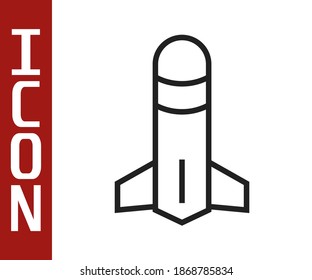 Icono del cohete de línea negra aislado en fondo blanco.  Vector