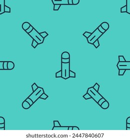 Black line Rocket icon isolated seamless pattern on green background.  Vector