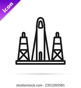 Black line Rocket launch from the spaceport icon isolated on white background. Launch rocket in space.  Vector Illustration