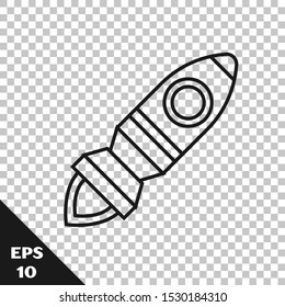 Black line Rocket ship with fire icon isolated on transparent background. Space travel.  Vector Illustration