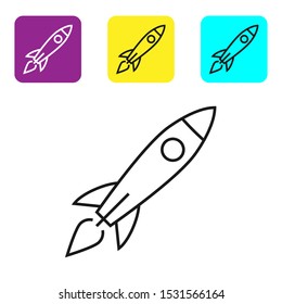 Black line Rocket ship with fire icon isolated on white background. Space travel. Set icons colorful square buttons. Vector Illustration