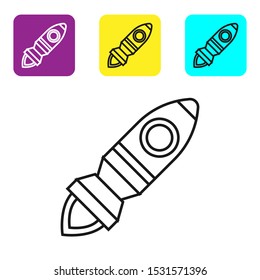 Black line Rocket ship with fire icon isolated on white background. Space travel. Set icons colorful square buttons. Vector Illustration