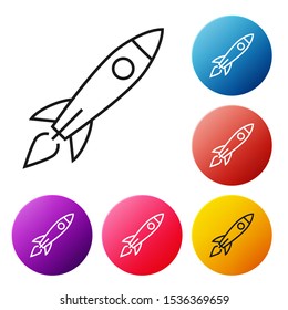 Black line Rocket ship with fire icon isolated on white background. Space travel. Set icons colorful circle buttons. Vector Illustration