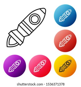 Black line Rocket ship with fire icon isolated on white background. Space travel. Set icons colorful circle buttons. Vector Illustration