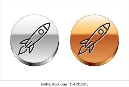 Black line Rocket ship with fire icon isolated on white background. Space travel. Silver-gold circle button. Vector Illustration