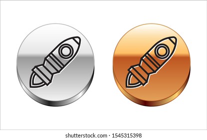 Black line Rocket ship with fire icon isolated on white background. Space travel. Silver-gold circle button. Vector Illustration