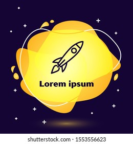 Black line Rocket ship with fire icon isolated on dark blue background. Space travel. Abstract banner with liquid shapes. Vector Illustration