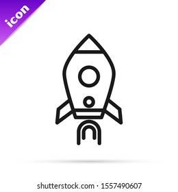 Black line Rocket ship with fire icon isolated on white background. Space travel.  Vector Illustration