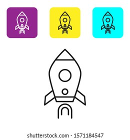 Black line Rocket ship with fire icon isolated on white background. Space travel. Set icons colorful square buttons. Vector Illustration