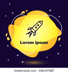 Black line Rocket ship with fire icon isolated on blue background. Space travel. Abstract banner with liquid shapes. Vector Illustration