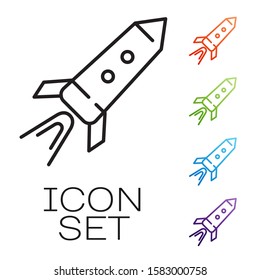 Black line Rocket ship with fire icon isolated on white background. Space travel. Set icons colorful. Vector Illustration