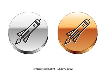 Barco de línea negra con icono de fuego aislado en fondo blanco. Viaje espacial. Botón de círculo dorado plateado. Ilustración vectorial