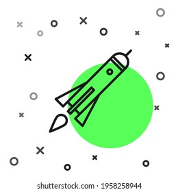 Black line Rocket ship with fire icon isolated on white background. Space travel.  Vector Illustration