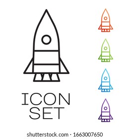 Black line Rocket ship icon isolated on white background. Space travel. Set icons colorful. Vector Illustration