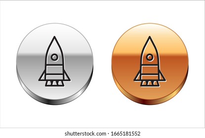 Icono del buque Rocket de línea negra aislado en fondo blanco. Viaje espacial. Botón del círculo dorado plateado. Ilustración vectorial