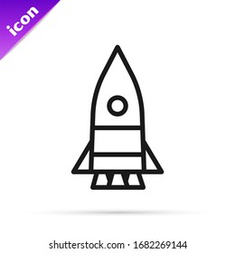 Black line Rocket ship icon isolated on white background. Space travel.  Vector Illustration