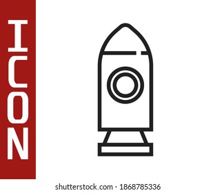 Icono de barco Rocket de línea negra aislado en fondo blanco. Viaje espacial.  Vector