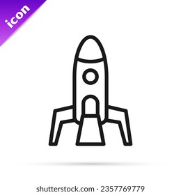 Icono de barco Rocket de línea negra aislado en fondo blanco. Viaje espacial.  Vector