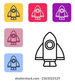 Schwarze Linie Rocket Schiff Symbol einzeln auf weißem Hintergrund. Raumfahrt. Die Symbole werden in den Tasten für das Farbquadrat eingestellt. Vektorgrafik