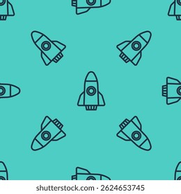 Black line Rocket ship icon isolated seamless pattern on green background. Space travel.  Vector