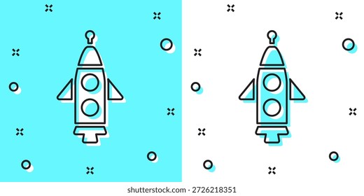 Icono de la nave del cohete de la línea negra aislado en fondo verde y blanco. Viajes espaciales. Formas dinámicas aleatorias. Vector