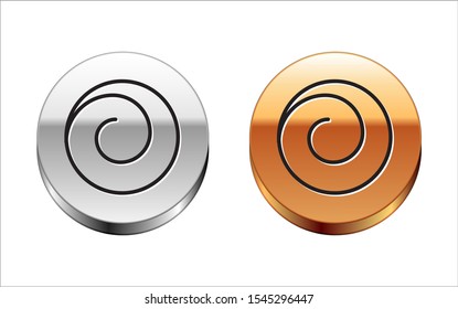Black line Roll bun with cinnamon icon isolated on white background. Bakery products. Silver-gold circle button. Vector Illustration