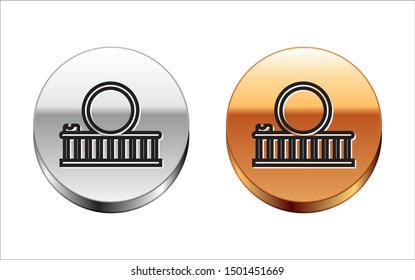 Black line Roller coaster icon isolated on white background. Amusement park. Childrens entertainment playground, recreation park. Silver-gold circle button. Vector Illustration