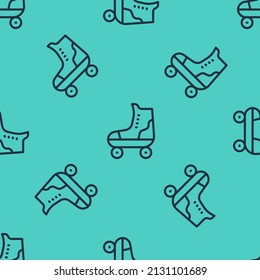 Black line Roller skate icon isolated seamless pattern on green background.  Vector