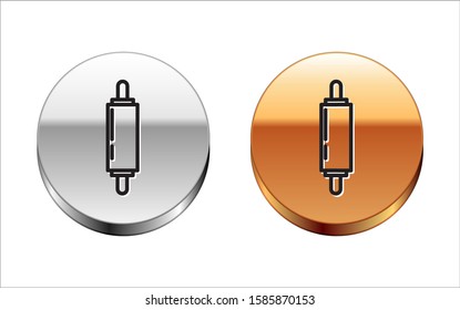 Black line Rolling pin icon isolated on white background. Silver-gold circle button. Vector Illustration