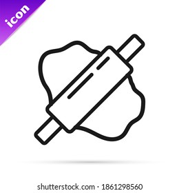 Black line Rolling pin on dough icon isolated on white background.  Vector