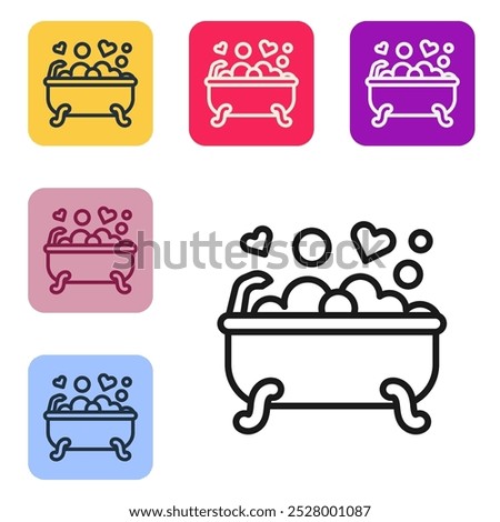 Black line Romantic in bathroom icon isolated on white background. Concept romantic date. Romantic Bathroom with heart favorite foam. Set icons in color square buttons. Vector