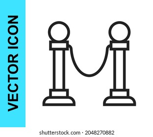 Black line Rope barrier icon isolated on white background. VIP event, luxury celebration. Celebrity party entrance.  Vector