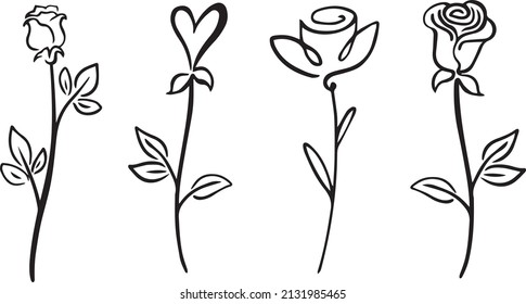 Black line rose flowers. Vector Outline illustration. Nature flower plants. Monochrome floral line art. Hand drawn simple garden logo set