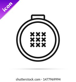 Black line Round adjustable embroidery hoop icon isolated on white background. Thread and needle for embroidery.  Vector Illustration