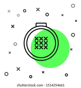 Black line Round adjustable embroidery hoop icon isolated on white background. Thread and needle for embroidery.  Vector Illustration