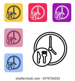 Black line Round delivery clock icon isolated on white background. Set icons in color square buttons. Vector
