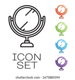 Black line Round makeup mirror icon isolated on white background. 8 March. International Happy Women Day. Set icons colorful. Vector Illustration