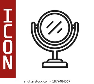 Schwarze Linie Runde Schminkspiegel Symbol einzeln auf weißem Hintergrund.  Vektorgrafik