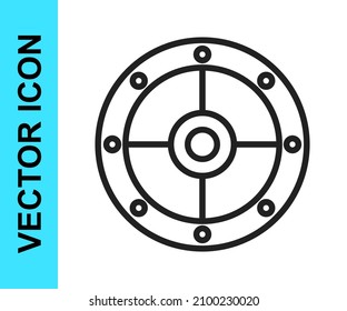 Black line Round shield icon isolated on white background. Security, safety, protection, privacy, guard concept.  Vector