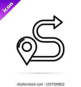 Black line Route location icon isolated on white background. Map pointer sign. Concept of path or road. GPS navigator.  Vector Illustration